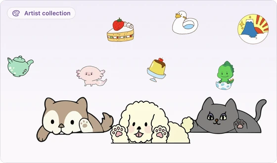 Paw-PawのIllustrainページの上部。宙に浮かぶ7つのコレクションアイテムの下から、Inu、Poodle、Nekoが顔をのぞかせています。アイテムにはMount Fuji、Duck Float Ring、Strawberry Shortcakeなどがあります。