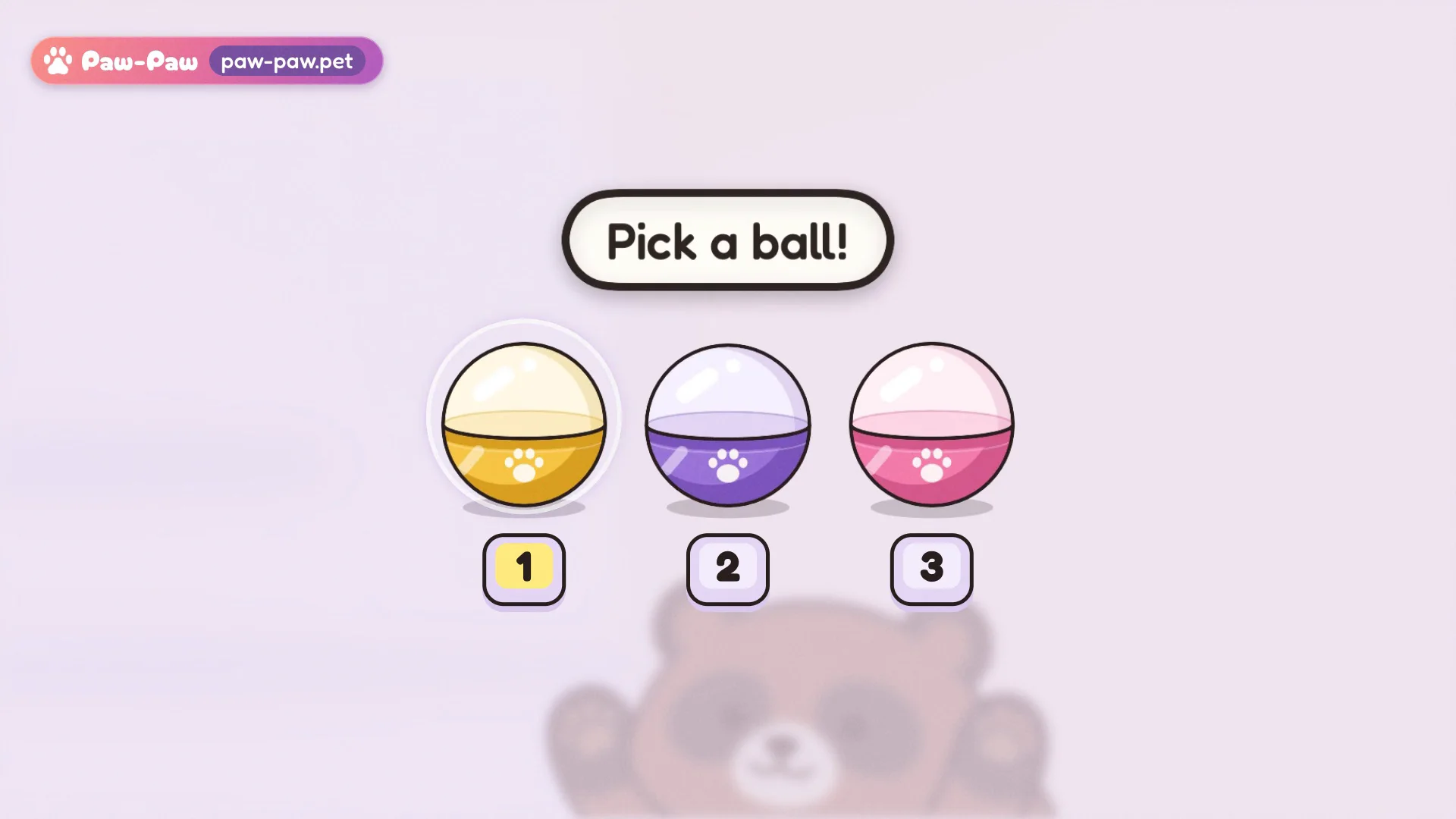 Drei Geschenkkapseln in Gelb, Lila und Rosa unter dem Schriftzug „Pick a ball!“, dahinter ein Tanuki-Paw-Paw.